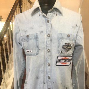 Jagger Lane Women's Blouse/Top White Washed Jean Type Harley Davidson M